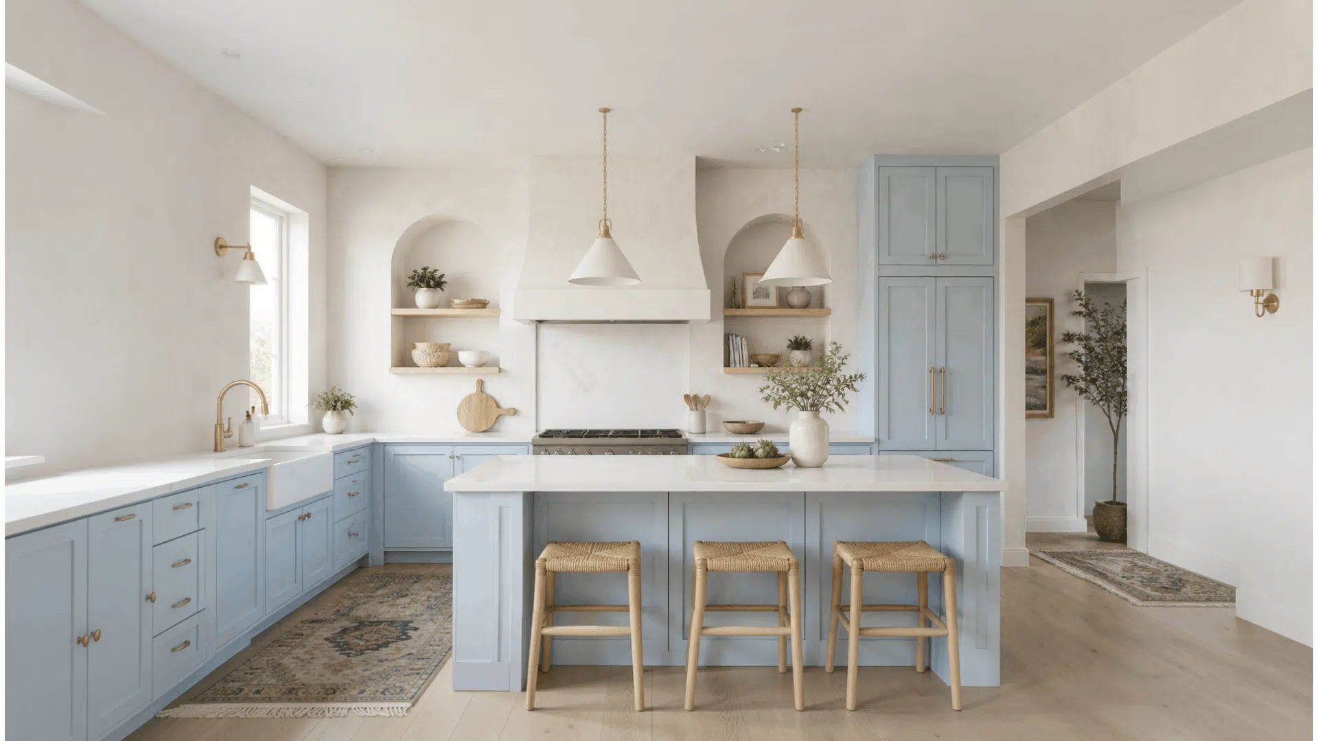 light blue kitchen cabinets with white countertops woven stools and soft neutral finishes in an airy design