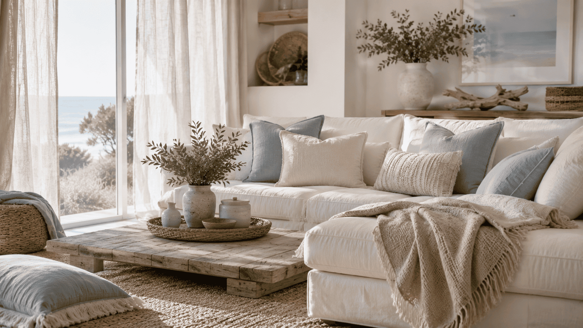 linen and cotton textiles layered throughout a coastal inspired space creating softness and comfort