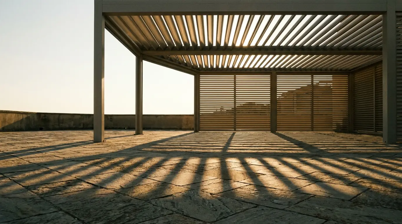 Modern pergola casting dramatic shadows on stone terrace in warm afternoon light