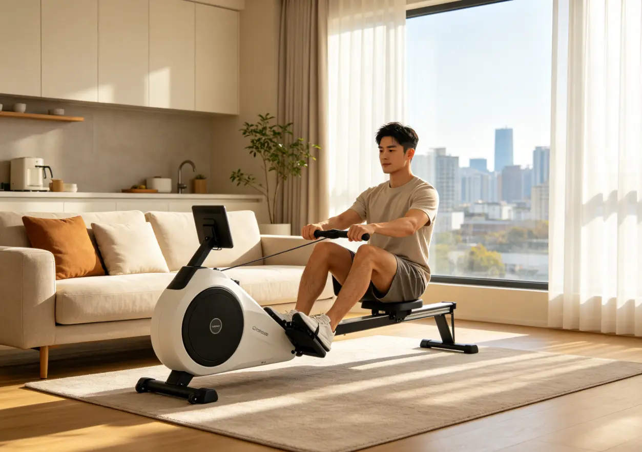 Man exercising on rowing machine in bright living room with city view