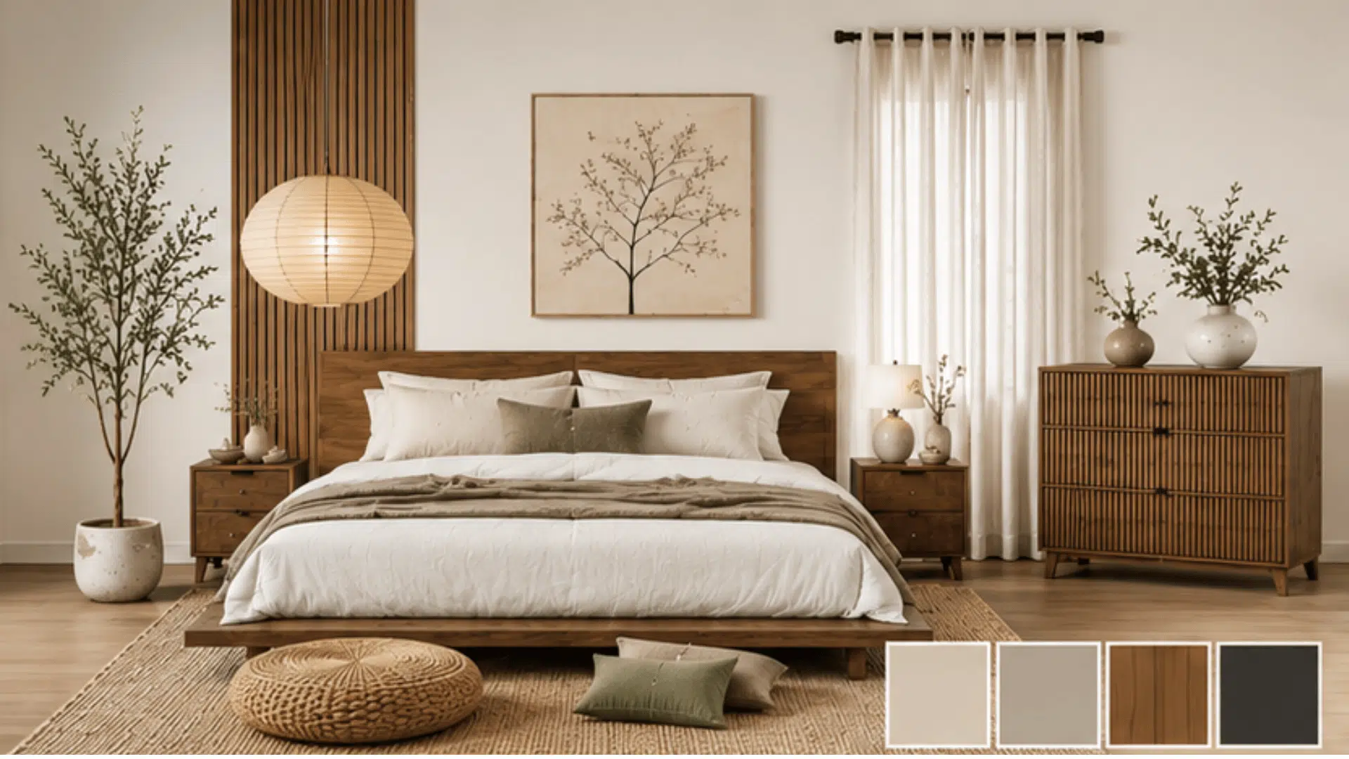 low profile wood bed with neutral linens paper lantern lighting and indoor greenery in a japandi bedroom