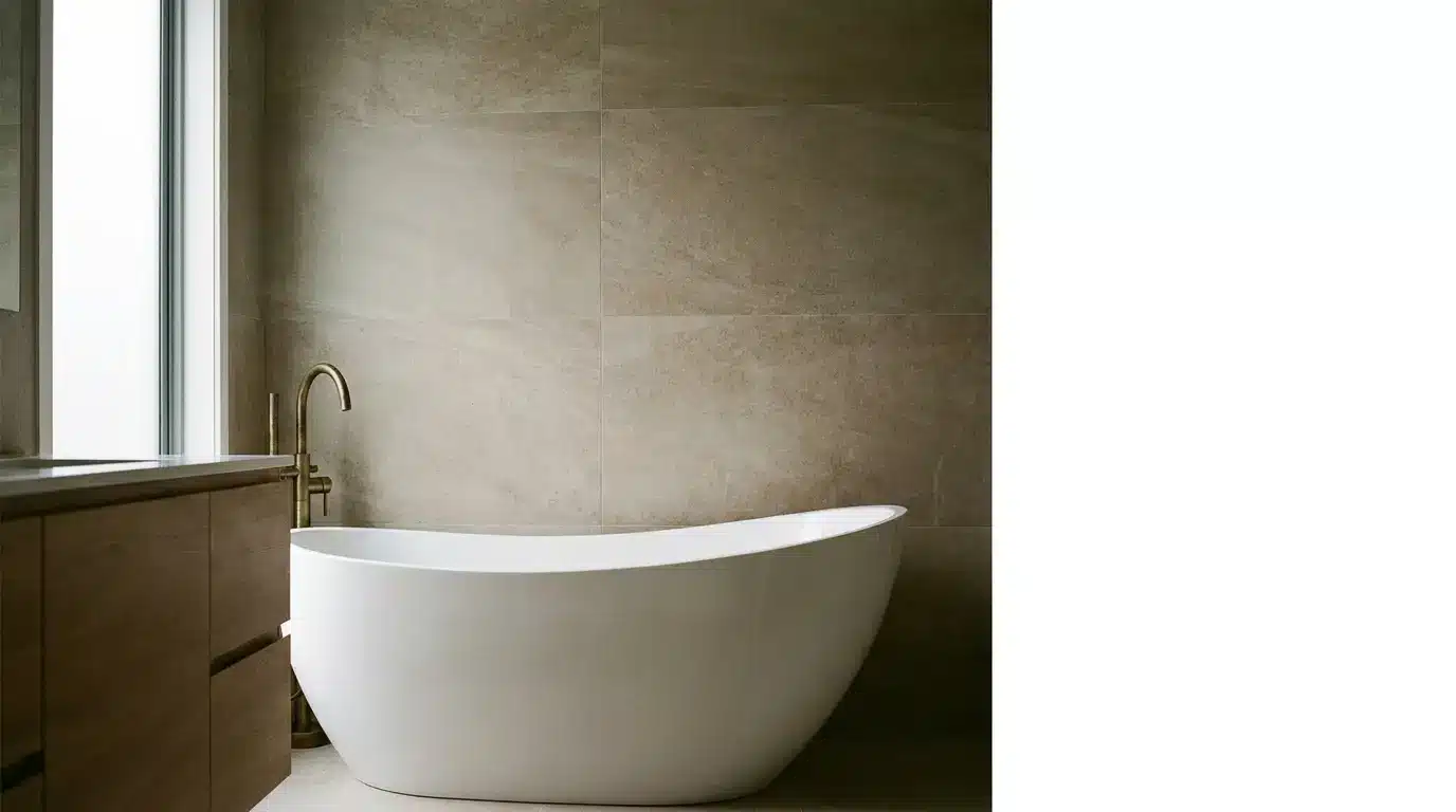 Freestanding white bathtub against beige tiled wall in modern bathroom with brass faucet