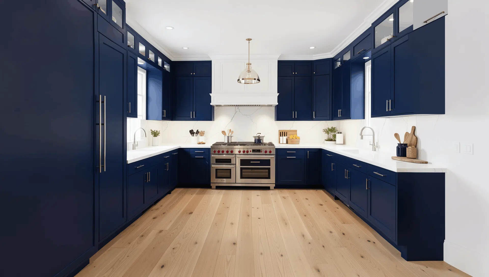 luxury kitchen with navy blue cabinets white countertops light wood flooring and bright natural light throughout space (1)