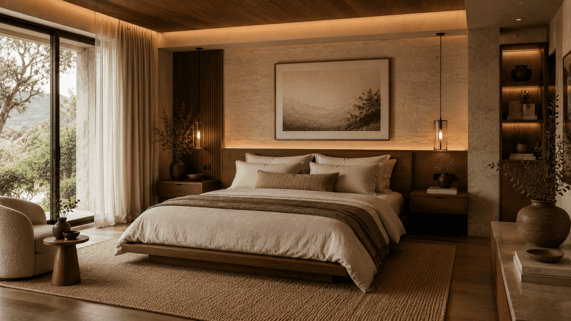 luxury organic modern bedroom with walnut furniture stone surfaces custom lighting and textiles