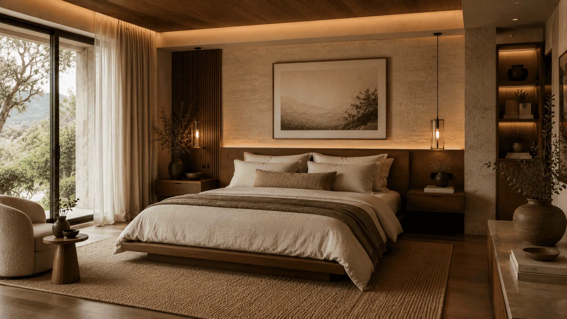luxury organic modern bedroom with walnut furniture stone surfaces custom lighting and textiles