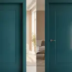 Blue sliding pocket doors in modern living room with beige walls and natural light