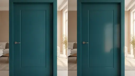 Blue sliding pocket doors in modern living room with beige walls and natural light