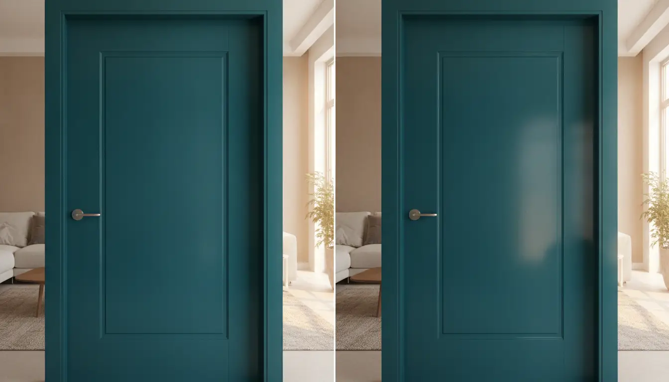 Blue sliding pocket doors in modern living room with beige walls and natural light