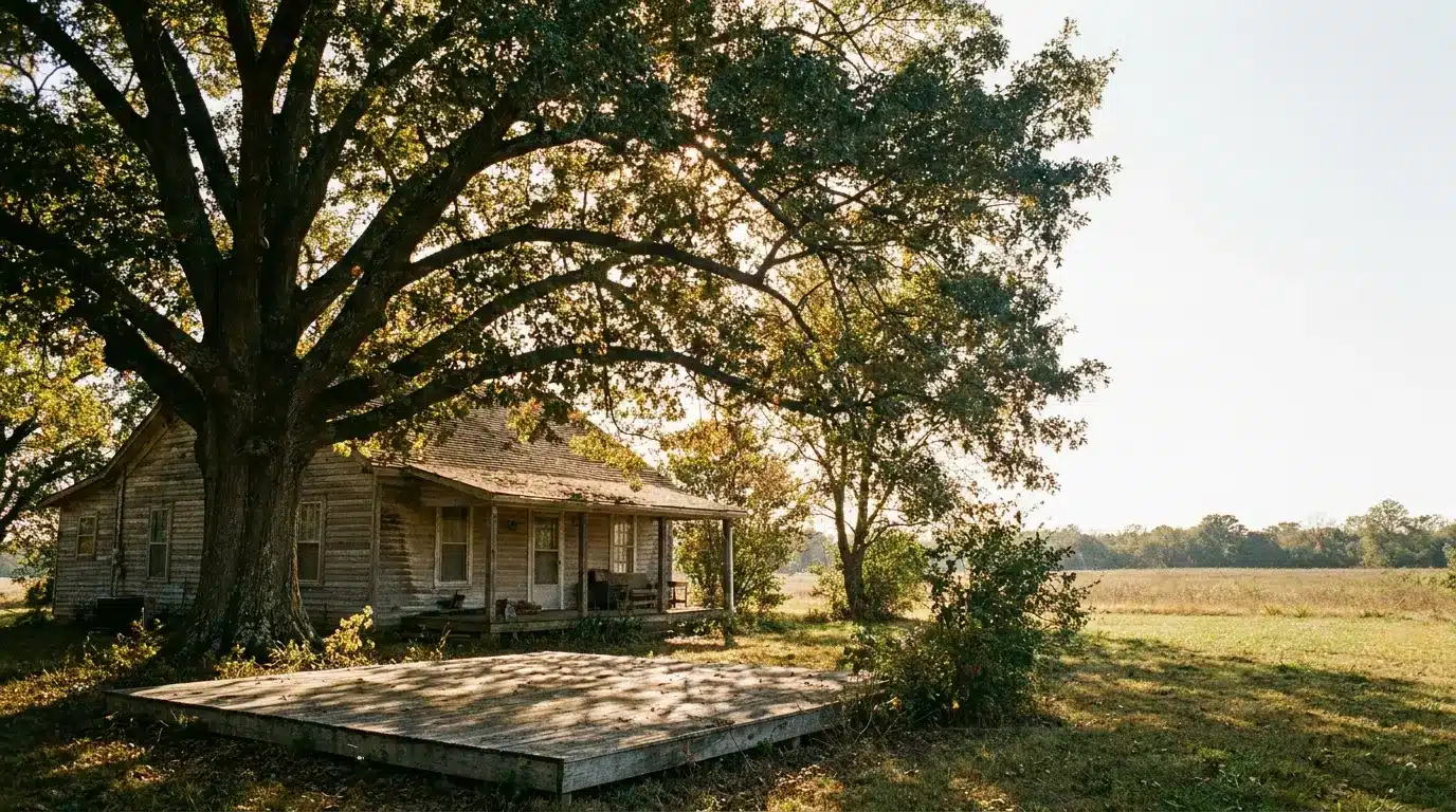 Rustic wooden house under large tree in sunny rural field setting