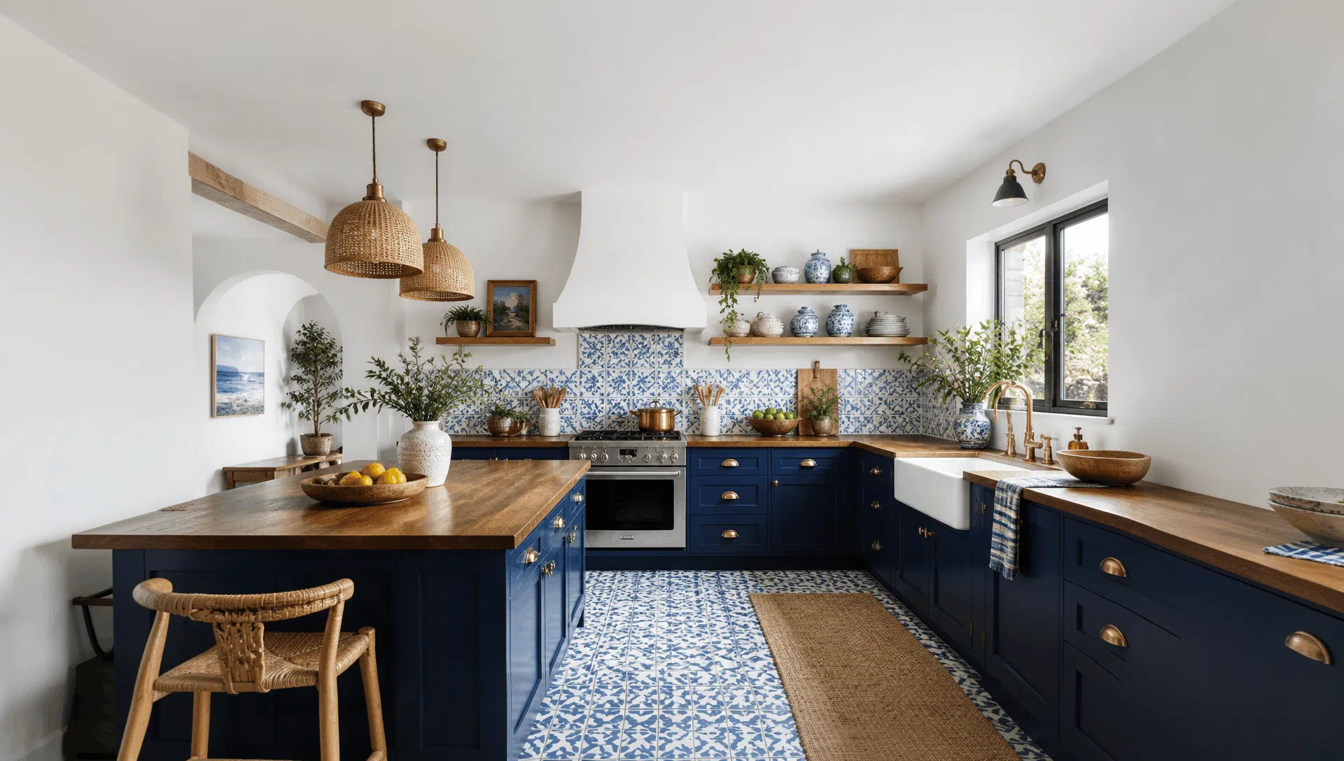 mediterranean style blue and white kitchen with patterned tile flooring wood countertops open shelves and farmhouse sink with natural light (1)