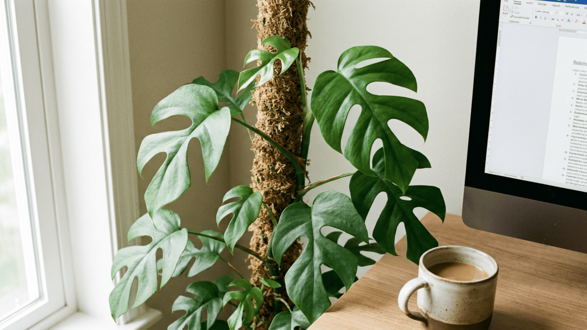 mini monstera on a small moss pole on an office desk