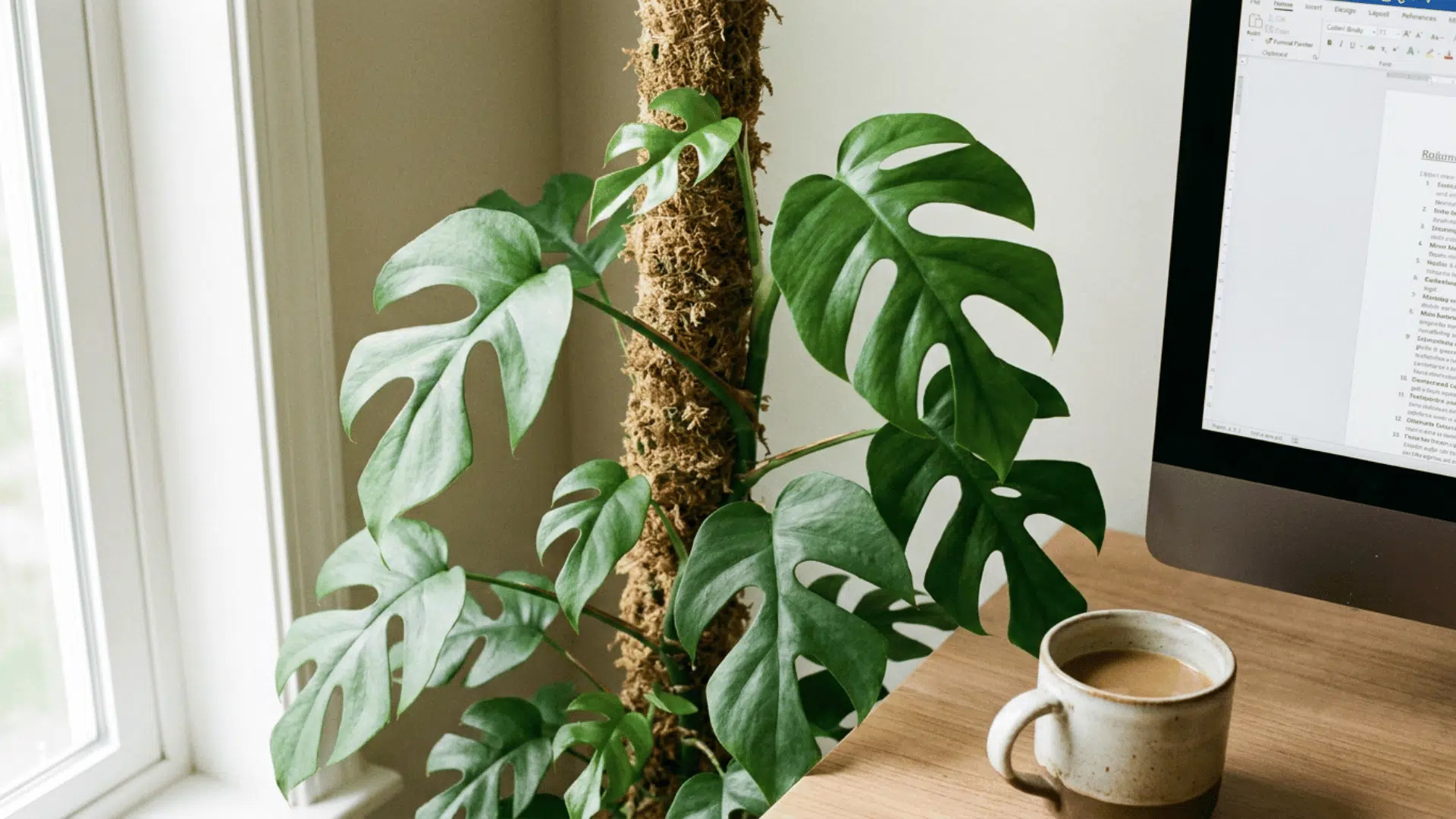 mini monstera on a small moss pole on an office desk