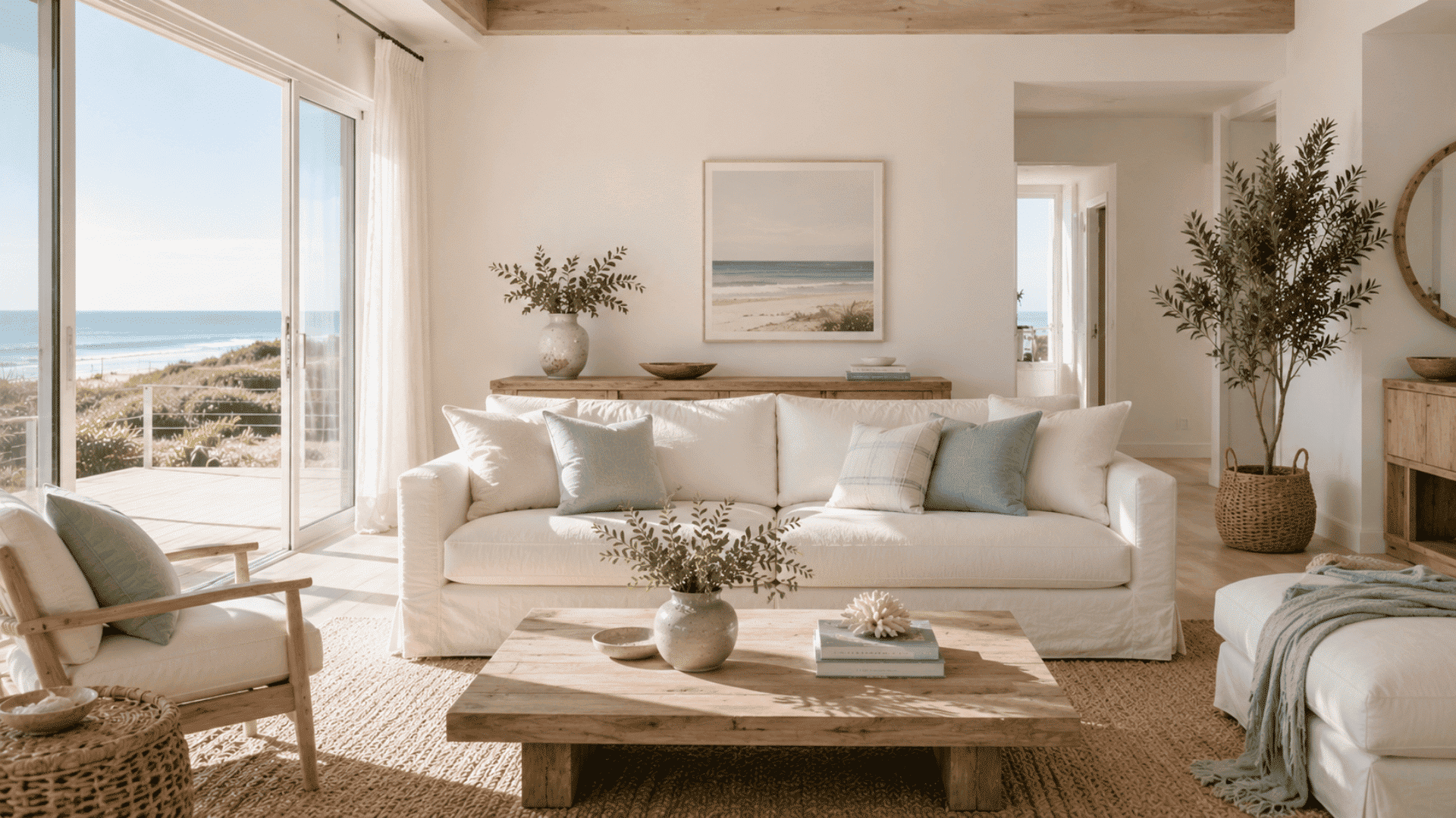 minimal coastal interior with simple decor neutral colors and uncluttered thoughtfully styled spaces