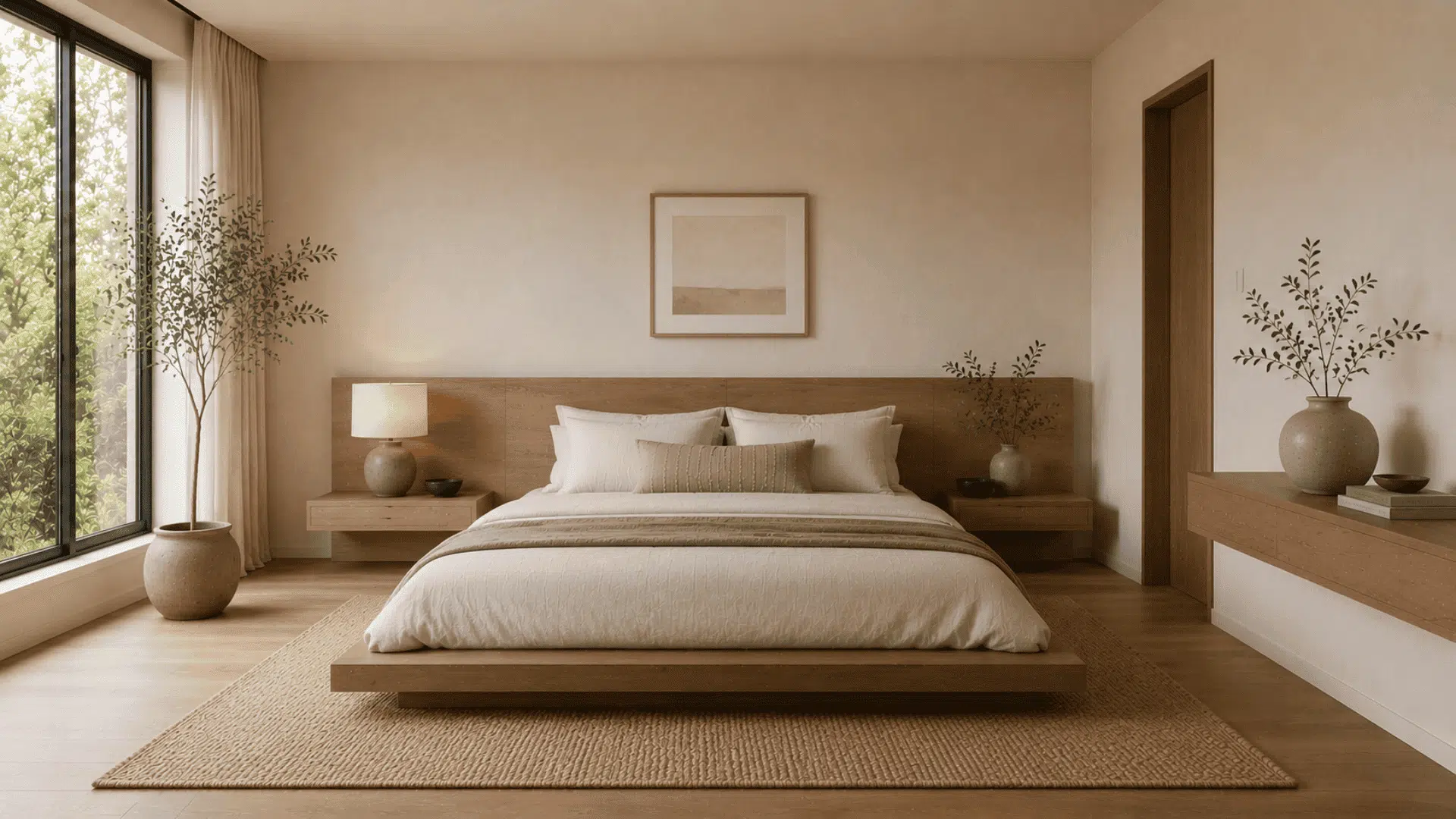 minimal organic modern bedroom with natural wood finishes soft bedding and uncluttered decor