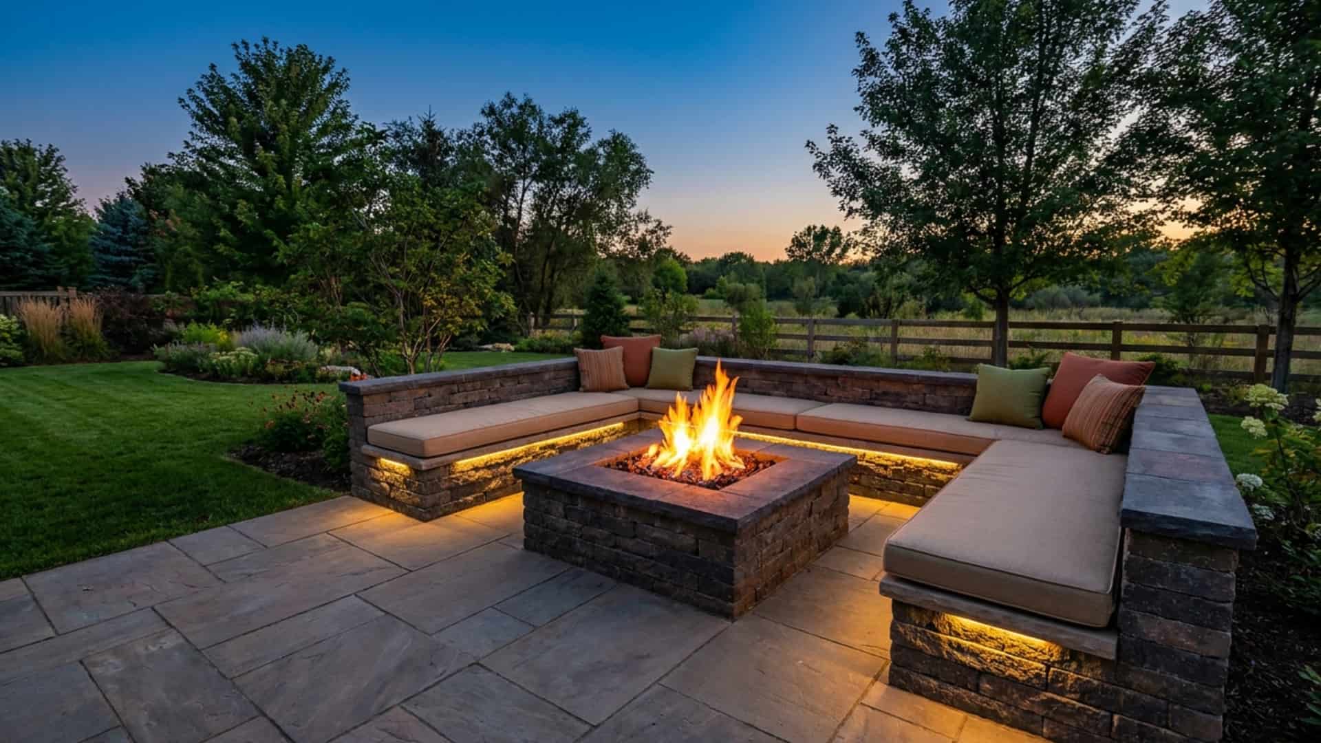 Modern backyard patio with built-in seating, square DIY fire pit table, outdoor cushions, and glowing evening landscape lighting. (1)
