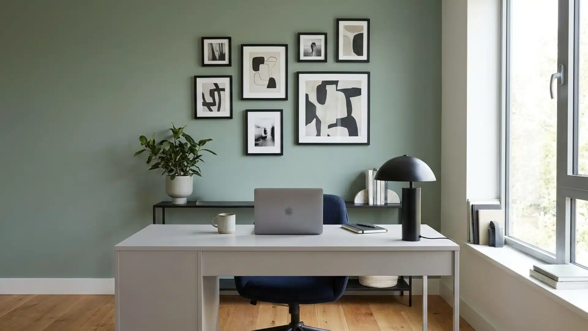 Modern home office setup featuring a light gray desk, navy chair, laptop, black dome lamp, and a gallery wall of abstract black and white art against a sage green wall