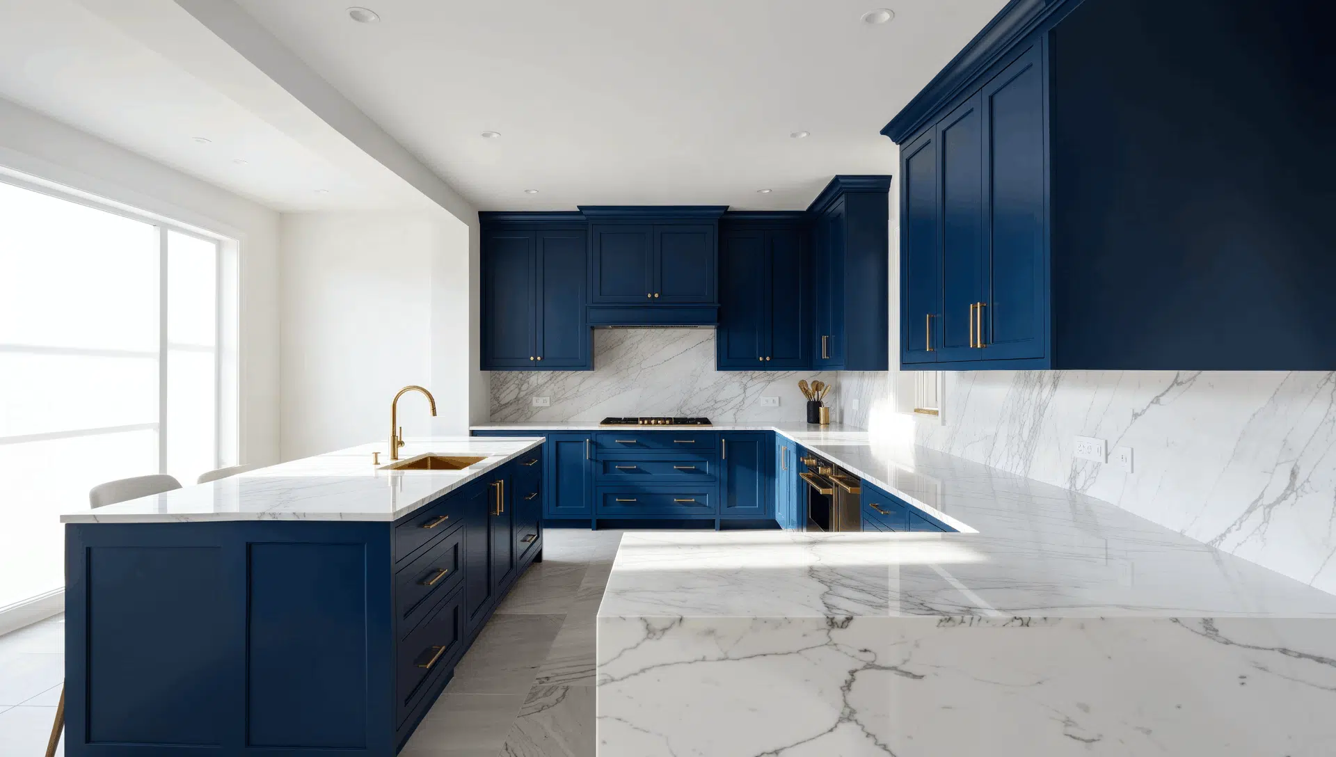 modern kitchen with navy blue cabinets white marble countertops and backsplash accented by warm brass fixtures and natural light (1)