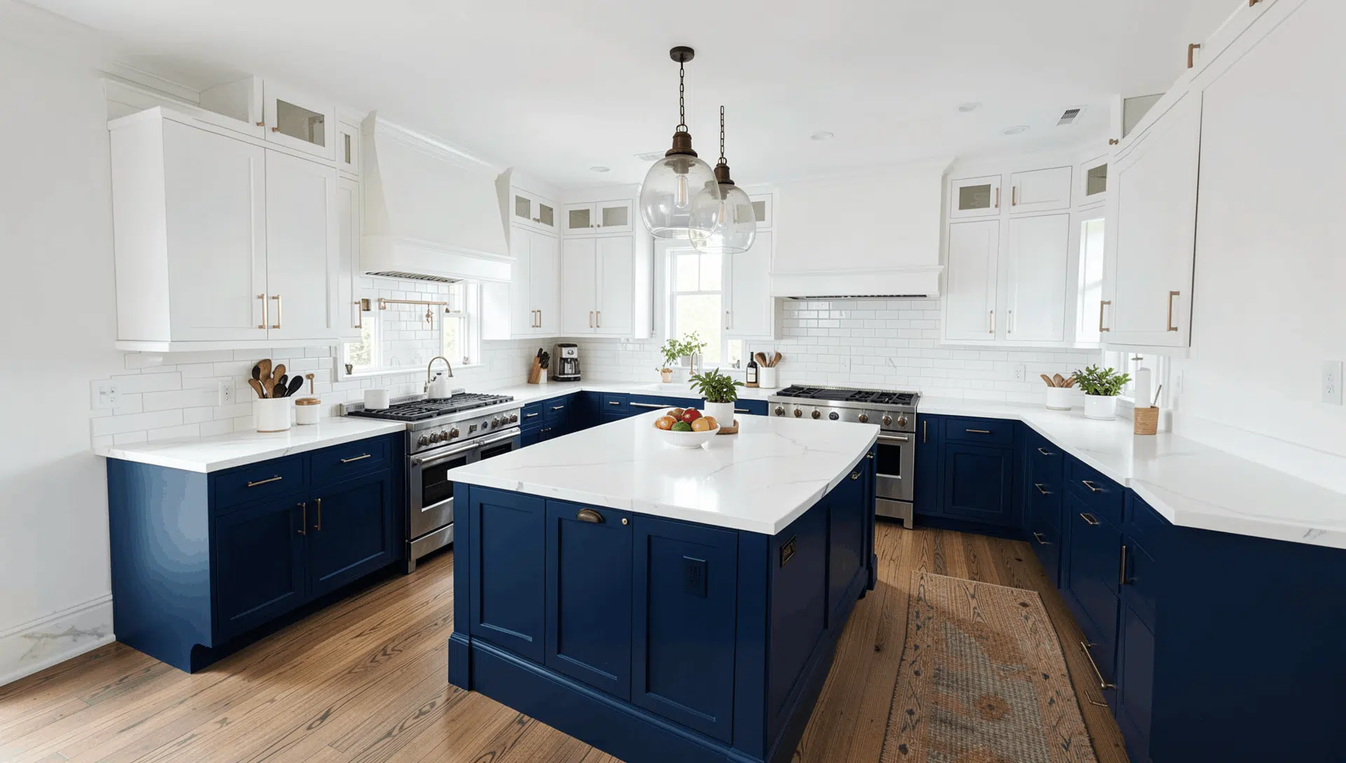modern white kitchen with navy blue lower cabinets and island white quartz countertops brass hardware hardwood floors and pendant lighting with bright natural light