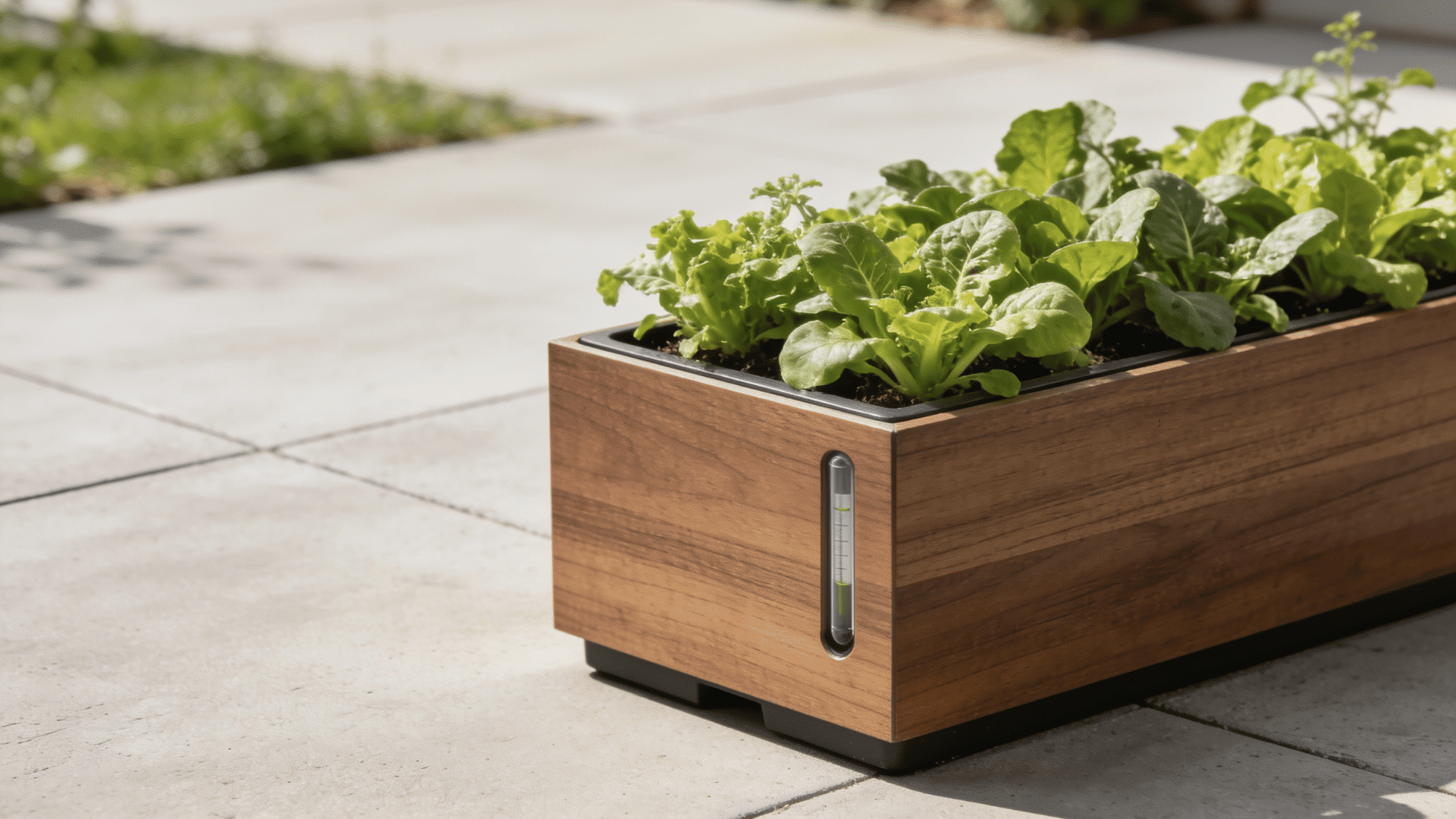 modern wooden self watering planter box on a concrete patio showing healthy green vegetable plants