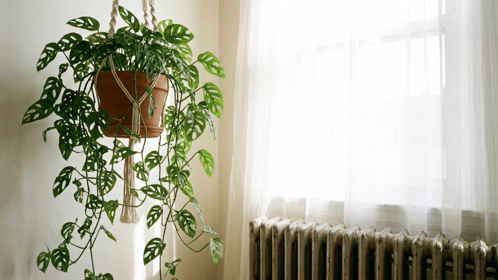 monstera adansonii trailing from a hanging pot near a window