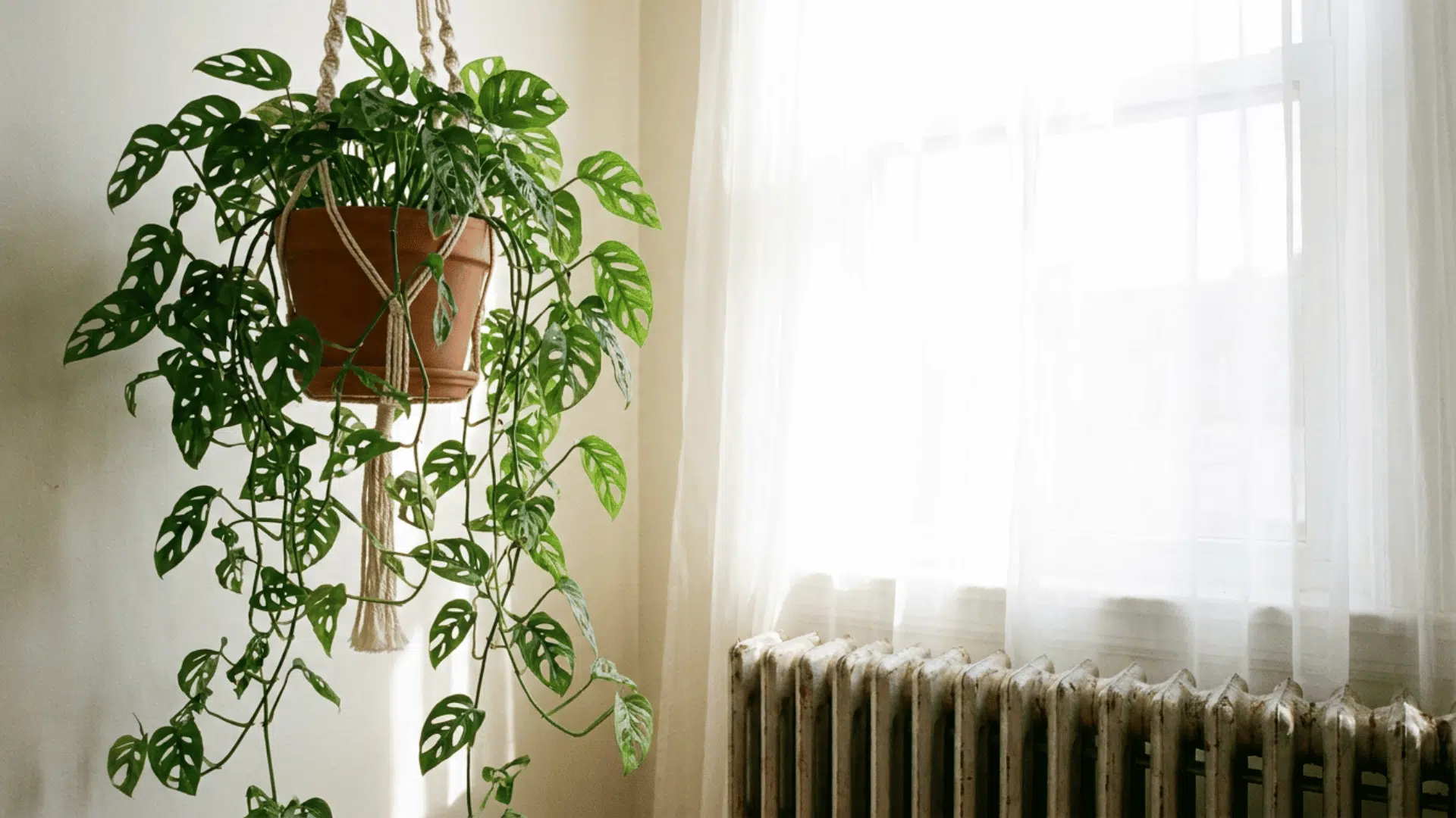 monstera adansonii trailing from a hanging pot near a window