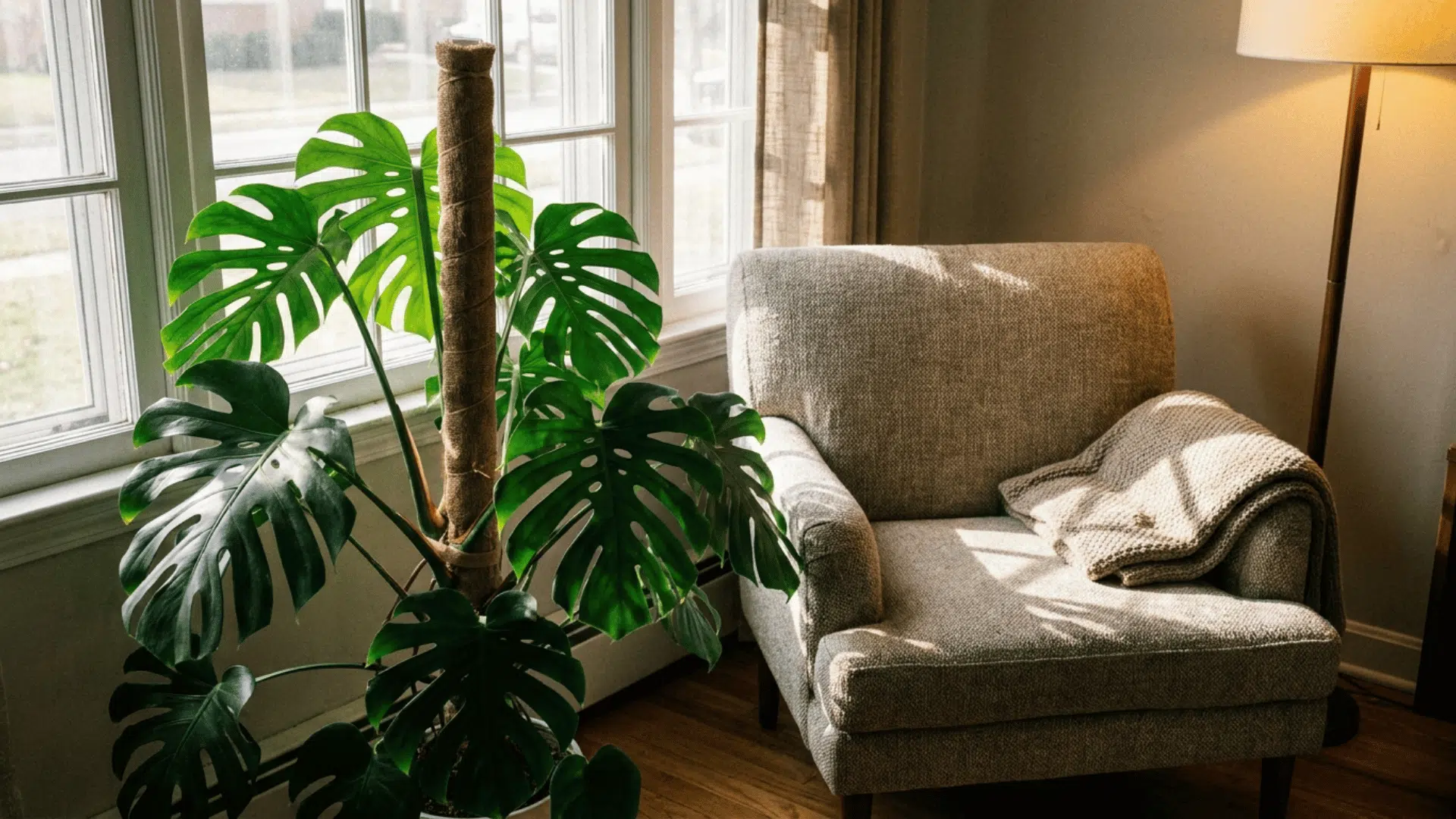monstera deliciosa on a moss pole beside an armchair