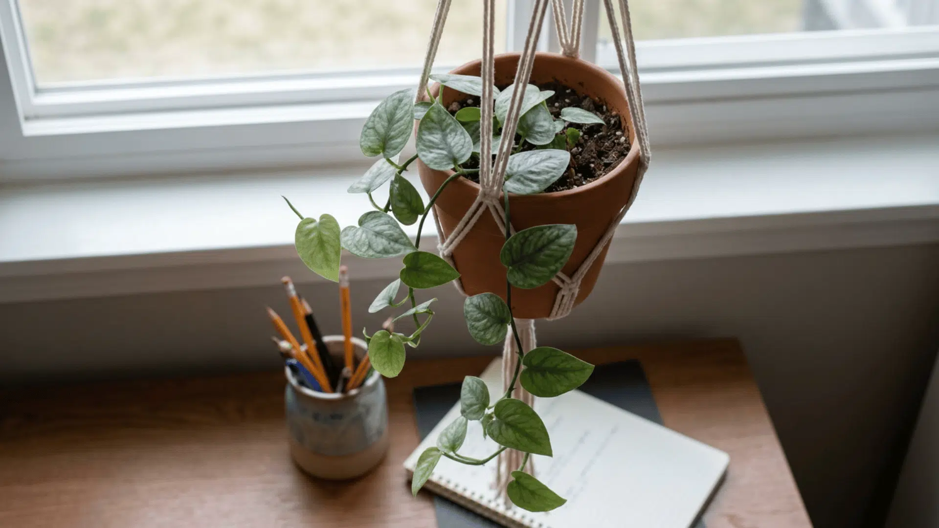 monstera dubia hanging from a teracotta pot
