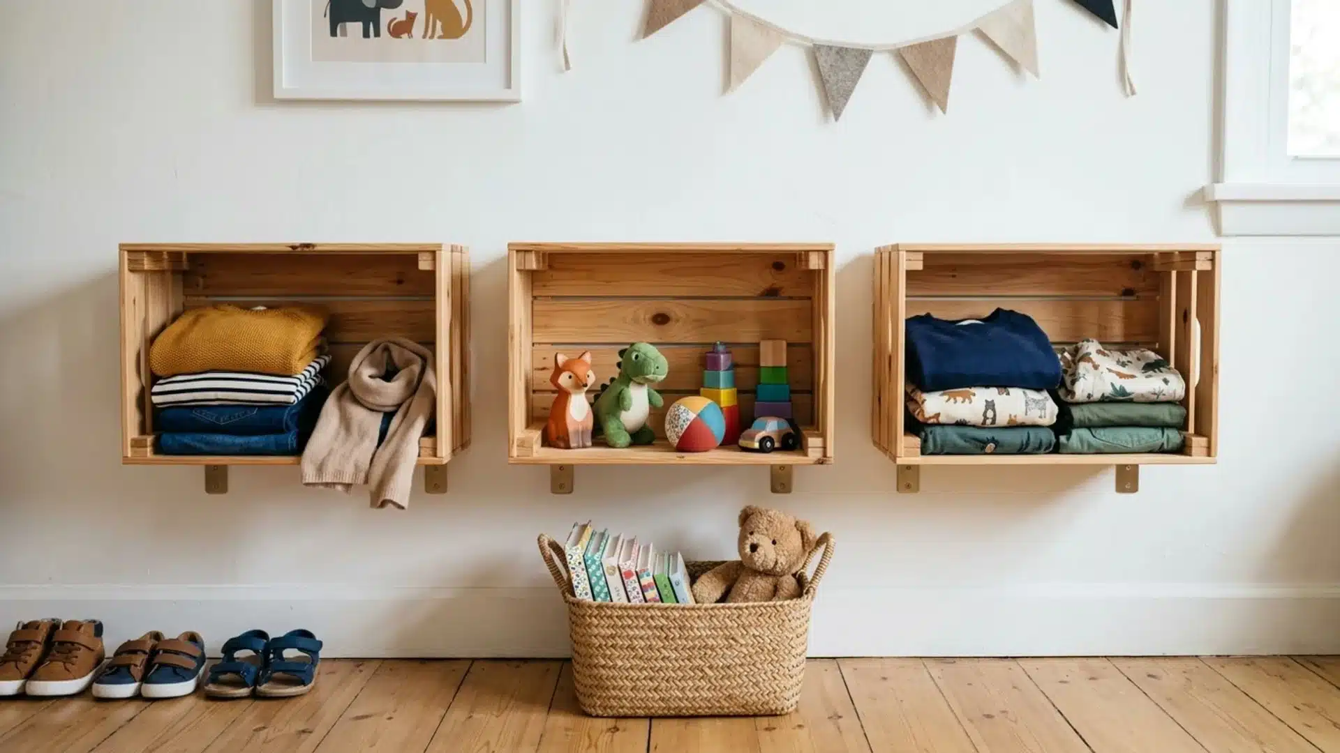 three wood crates mounted on a white wall holding folded kids clothes and toys, shoes and basket below