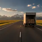 Truck with open cargo in sunset light on highway with mountain backdrop