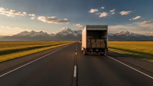 Truck with open cargo in sunset light on highway with mountain backdrop