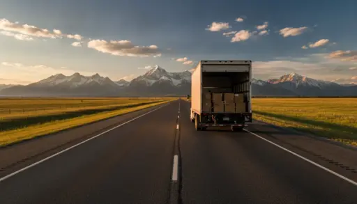 Truck with open cargo in sunset light on highway with mountain backdrop