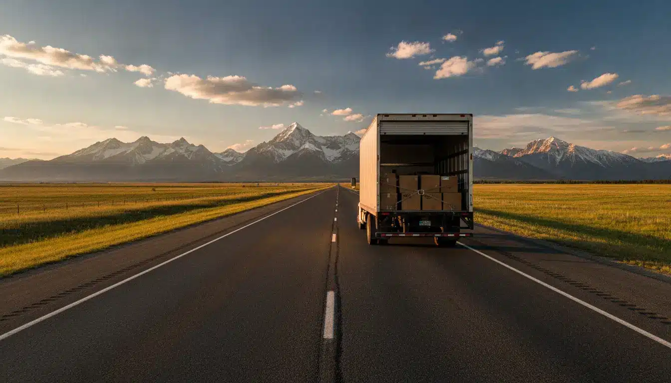 Truck with open cargo in sunset light on highway with mountain backdrop