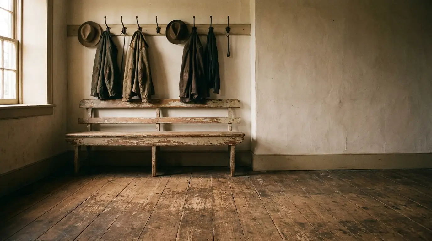 Rustic wooden bench and coats hanging on hooks in a cozy, vintage-style room