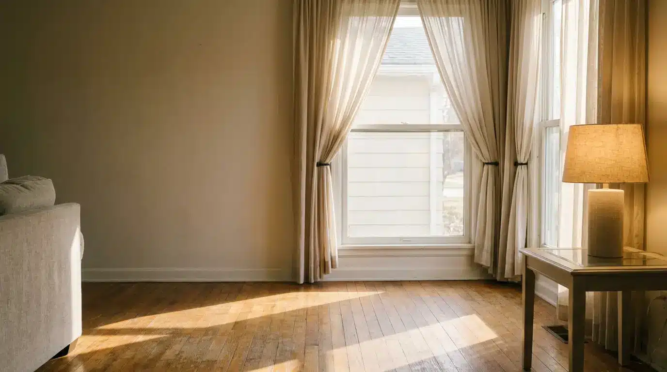 Cozy living room with beige curtains, lamp on wooden table, and light streaming through window