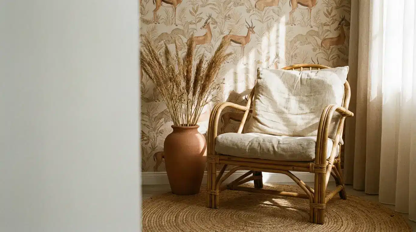 Rattan chair with beige cushion next to terracotta vase and pampas grass in sunlit room