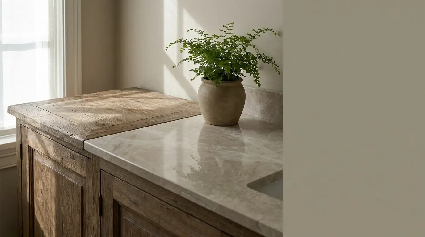 Potted fern on marble countertop with rustic wooden cabinets in sunlit interior