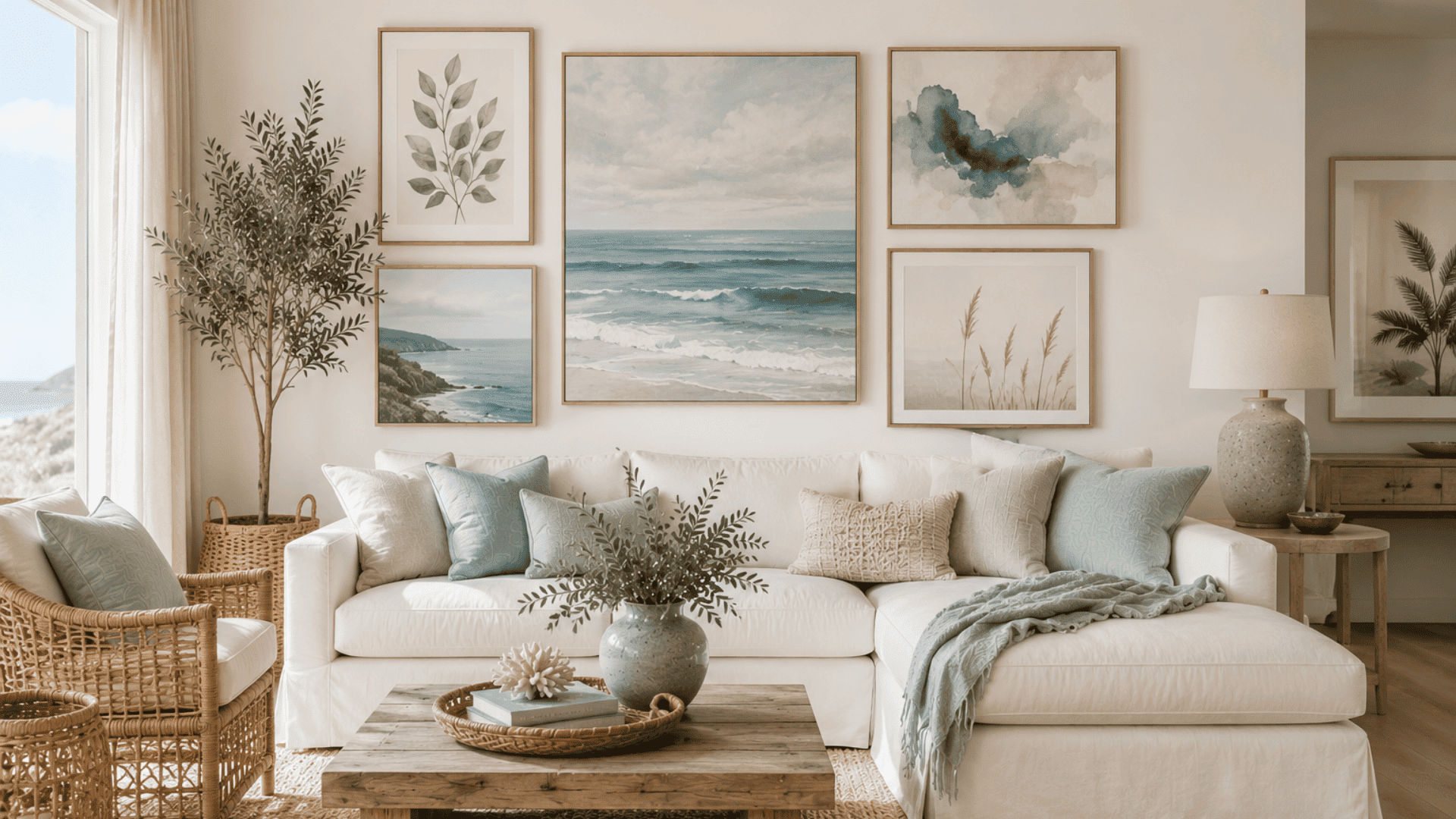 nature inspired artwork featuring coastal landscapes botanical prints and soft calming color palettes