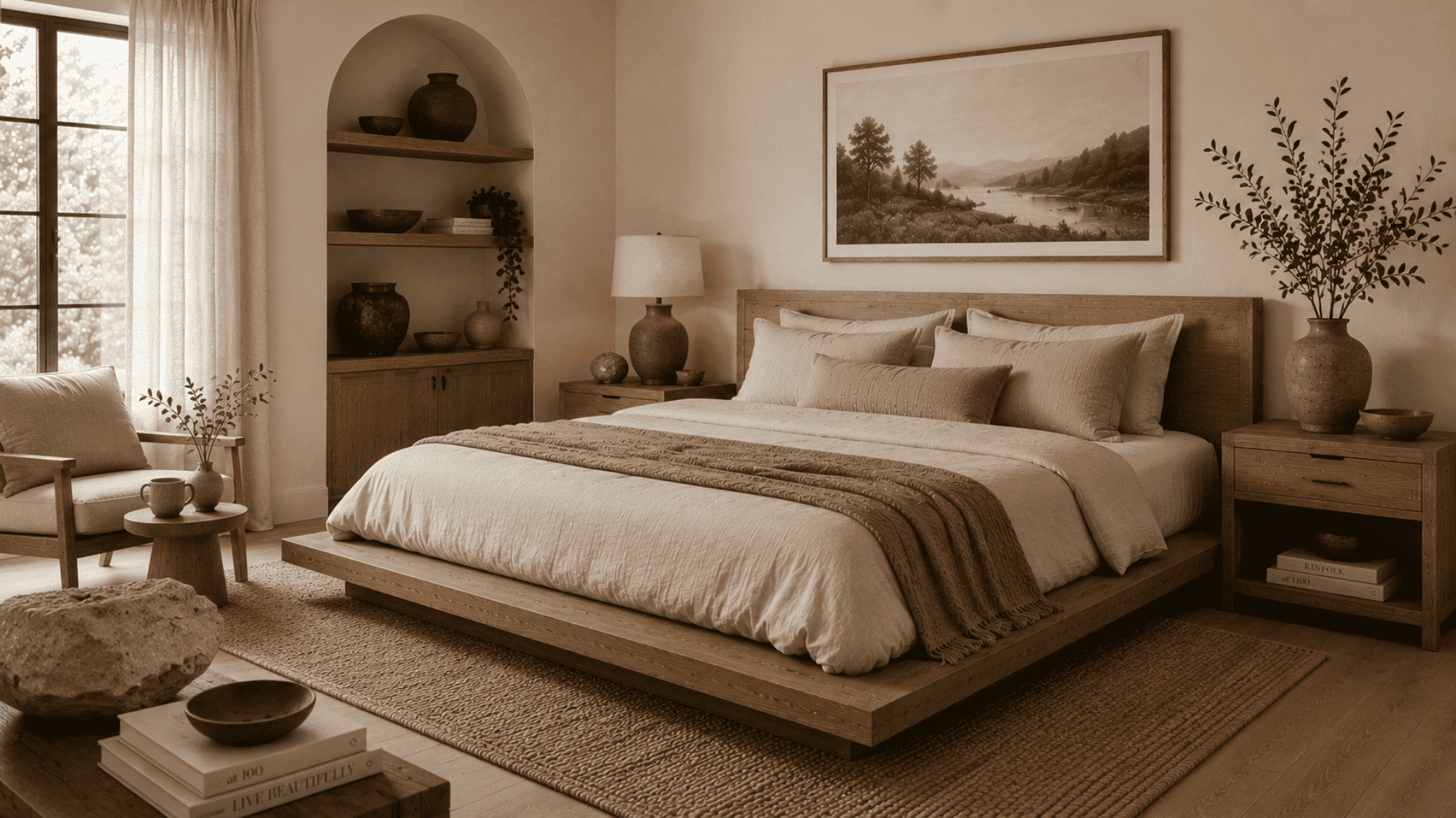 nature inspired organic modern bedroom with pottery wooden decor stone accents and neutral tones (1)
