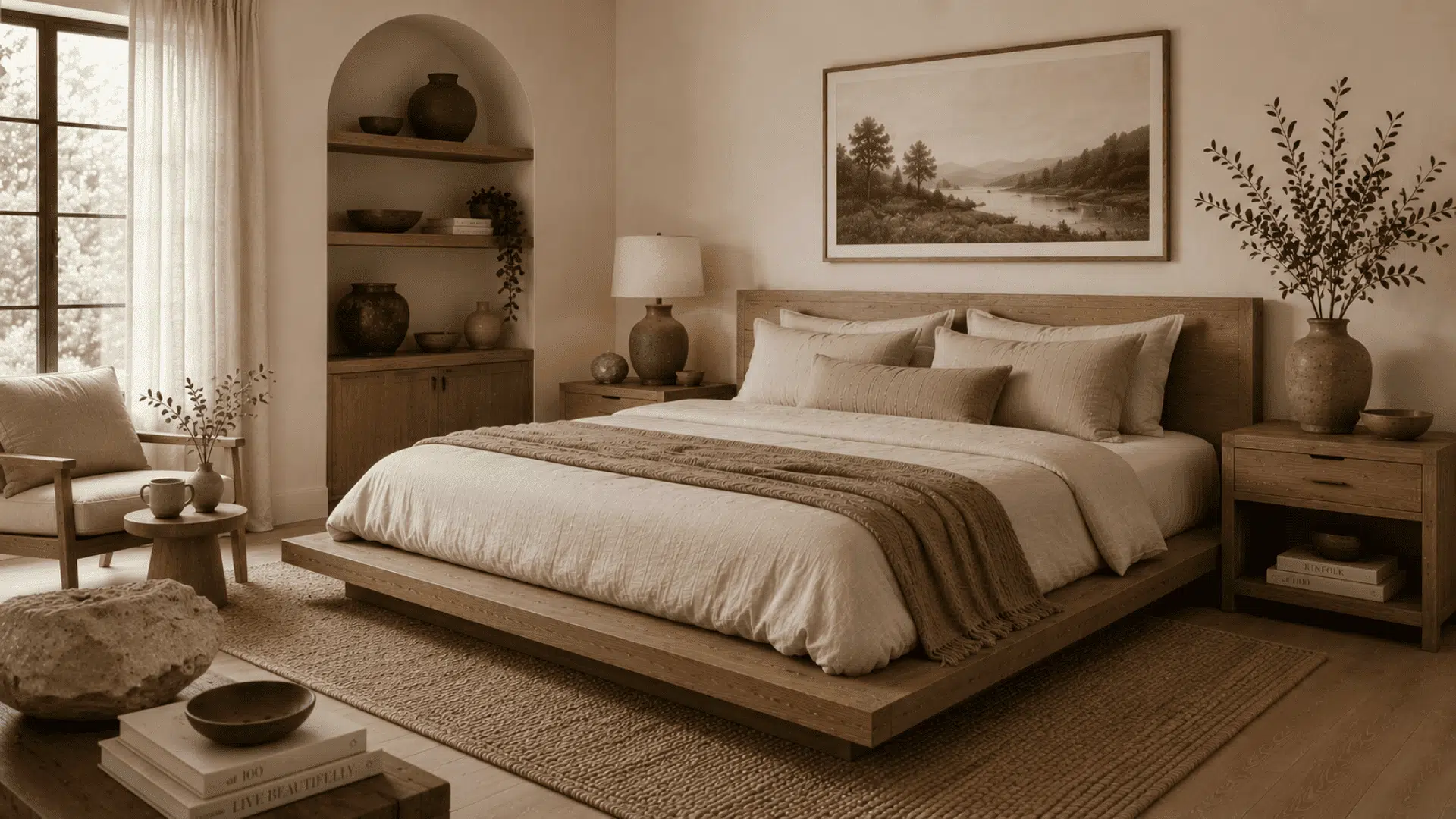 nature inspired organic modern bedroom with pottery wooden decor stone accents and neutral tones (1)