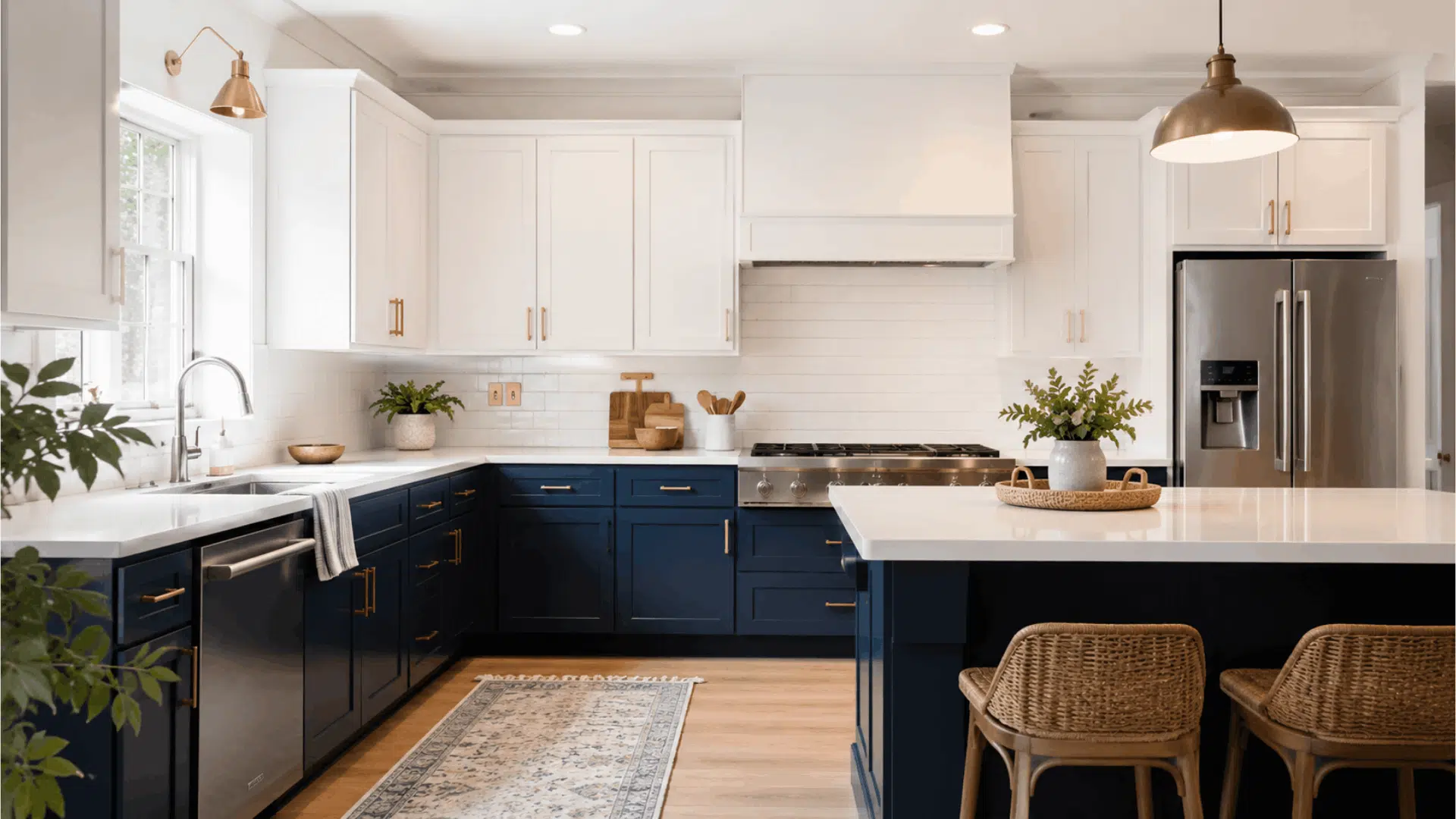 navy blue lower cabinets paired with white upper cabinets and island in a bright modern kitchen with gold accents and wood stools