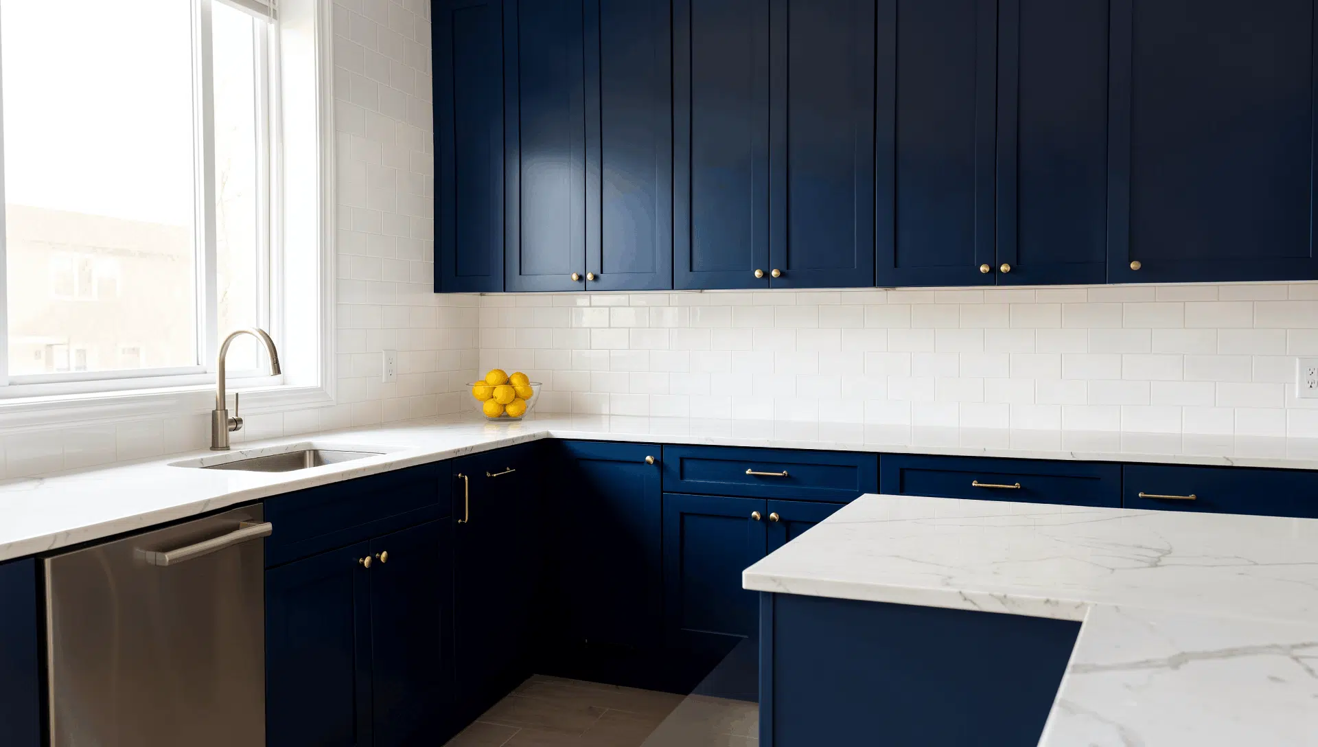 navy blue shaker cabinets with white quartz countertops white subway tile backsplash and brass hardware in a bright modern kitchen with natural light