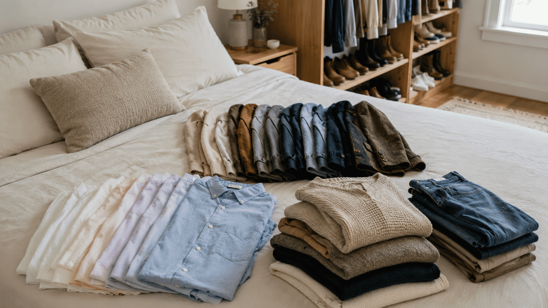 neatly grouped clothing piles on a bed with folded shirts sweaters pants and jackets near an open wardrobe