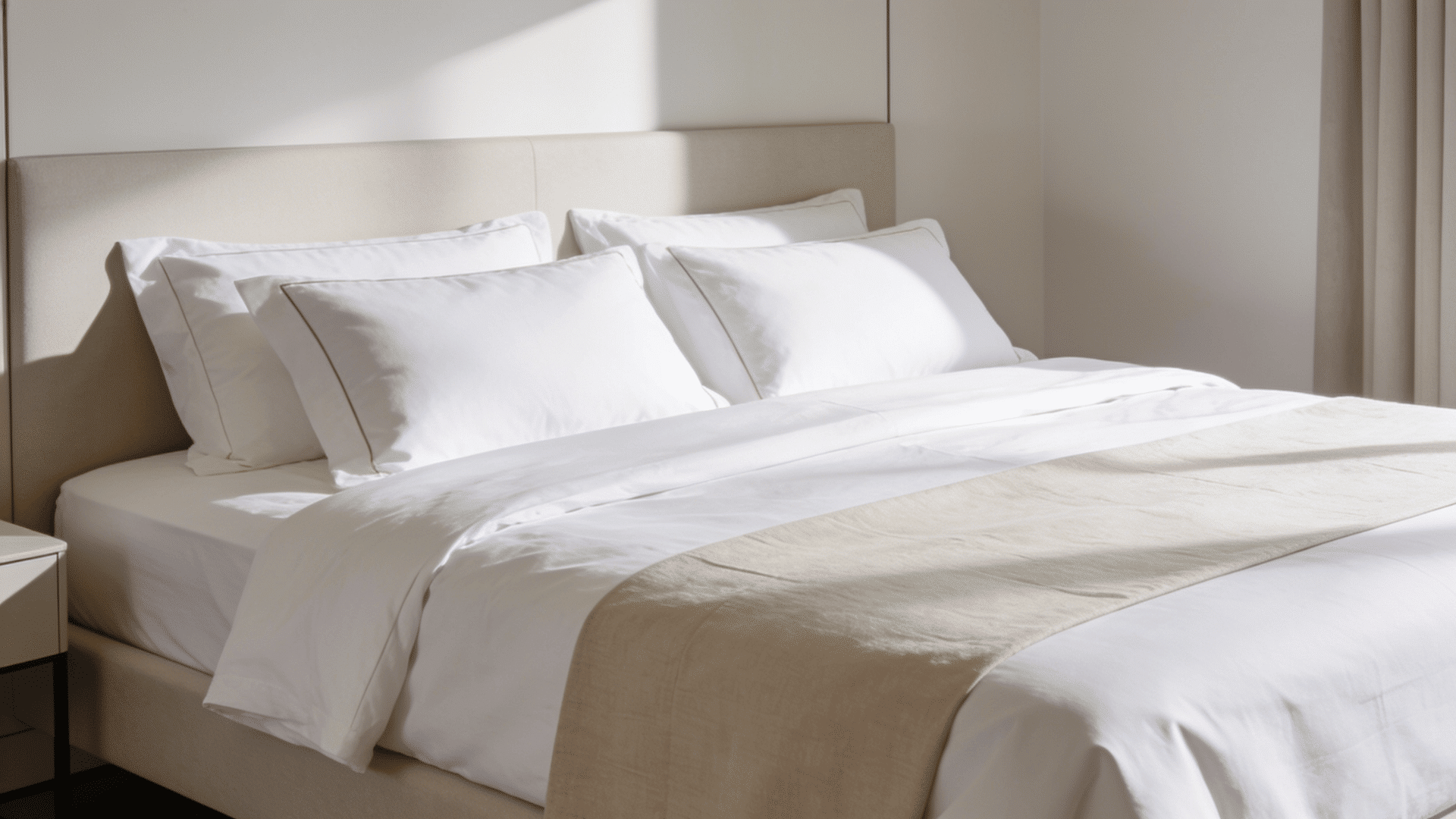 neatly made hotel style bed with structured layering symmetrical pillows and clean bedding in modern bedroom