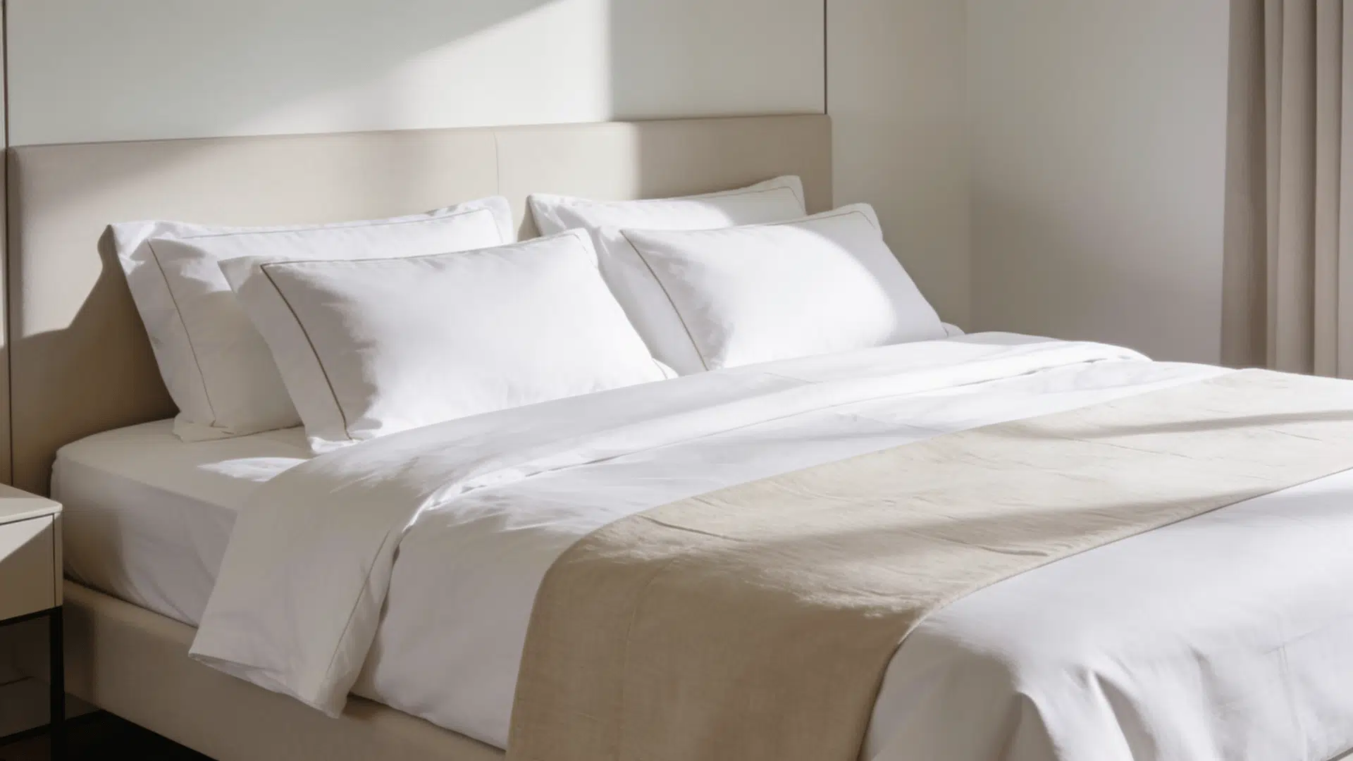 neatly made hotel style bed with structured layering symmetrical pillows and clean bedding in modern bedroom