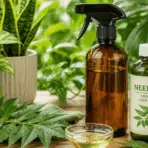 Neem oil spray bottle neem leaves and healthy indoor plants arranged on a wooden table showcasing natural plant care and organic pest control for home gardens