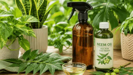 Neem oil spray bottle neem leaves and healthy indoor plants arranged on a wooden table showcasing natural plant care and organic pest control for home gardens