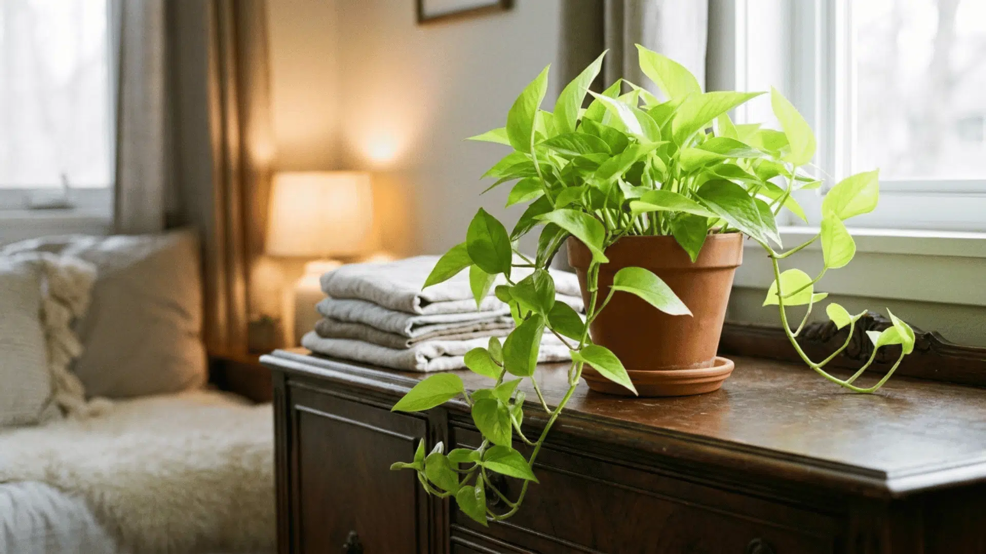 neon pothos with lime green leaves on a wooden dresser
