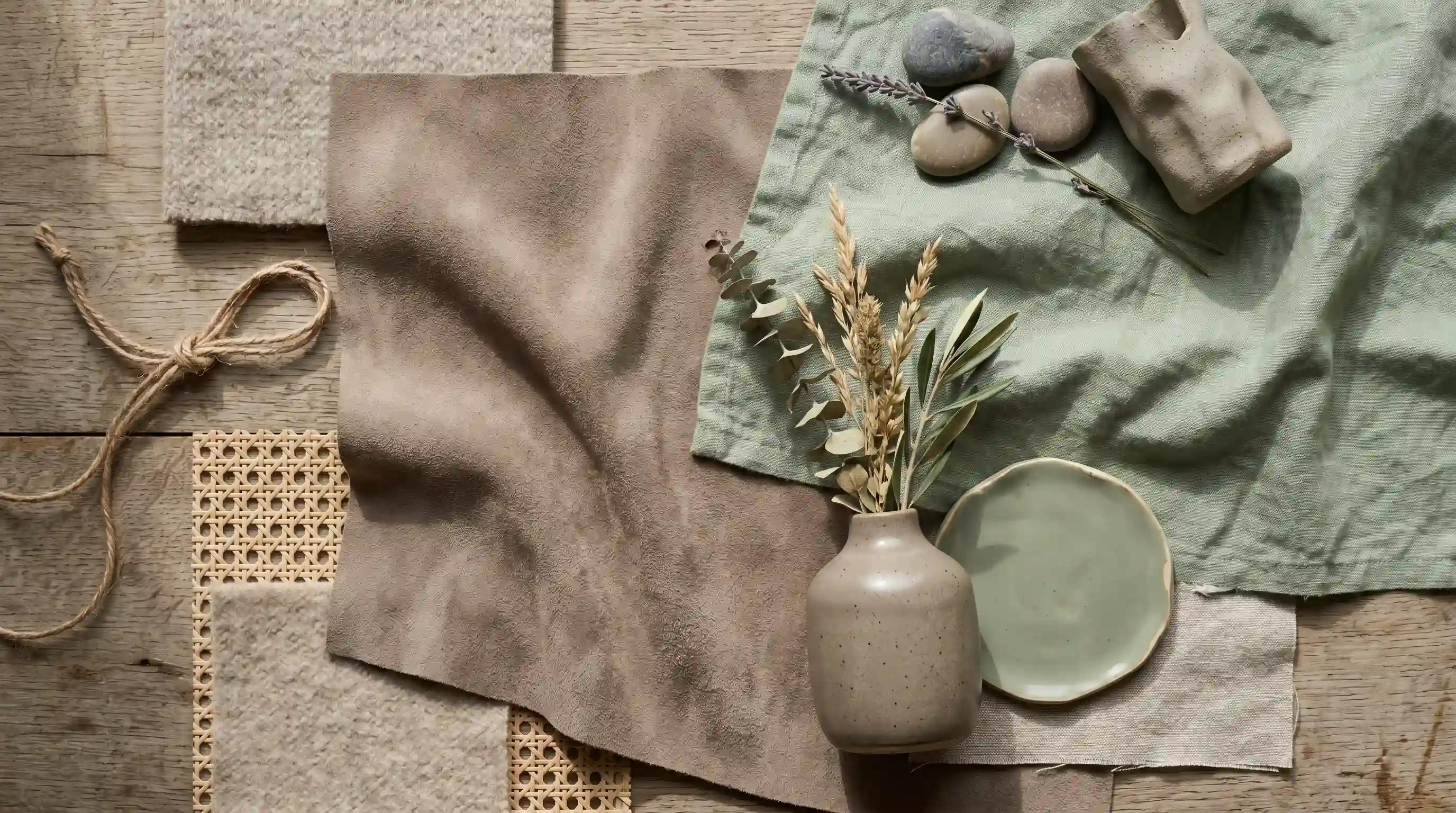 Neutral earth-toned fabric swatches including suede and cane webbing are styled with dried botanicals, a speckled vase, smooth stones, and soft sage green linen on a wooden surface