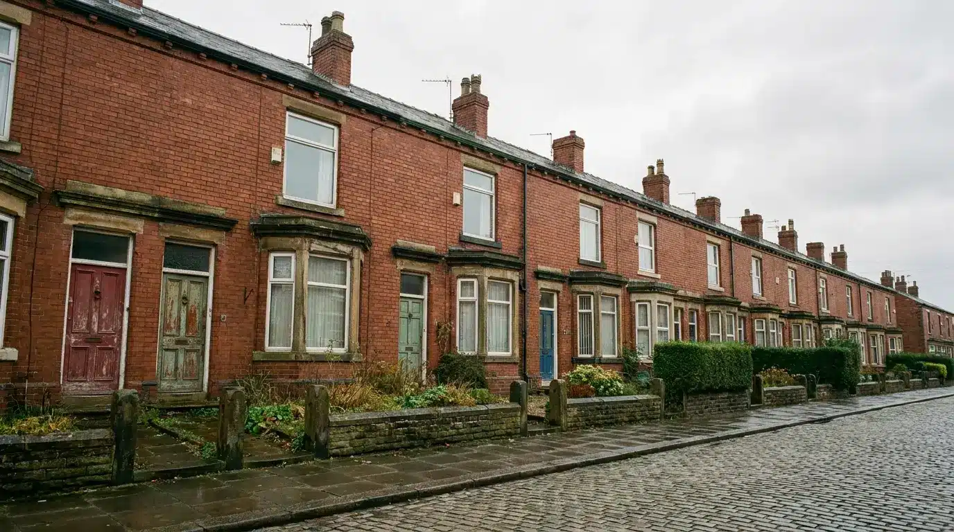 Row of red brick terraced houses with colorful doors on a cobblestone street