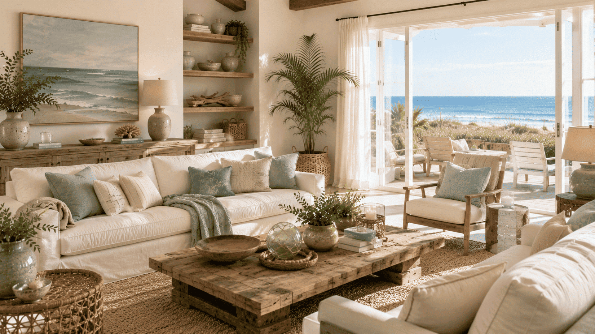 organic decorative textures including wood stone ceramic linen and woven materials in coastal design